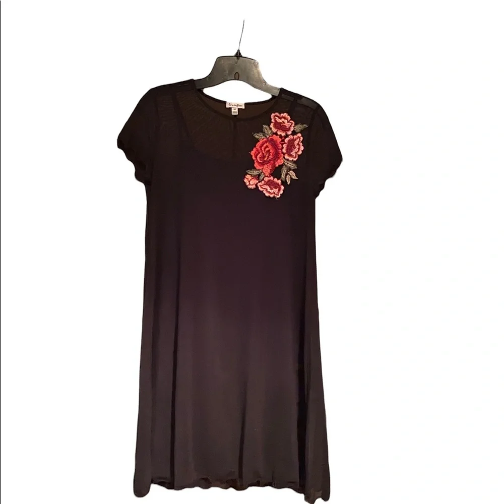 Beautiful Sheer Little Black Dress with Red Roses - Picture 2 of 7